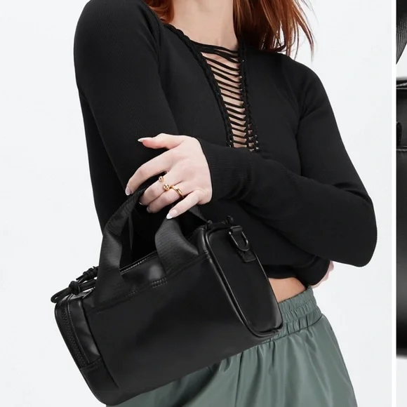 NWT Fabletics Black Vegan Leather Mini Duffle Bag Crossbody - Picture 2 of 5